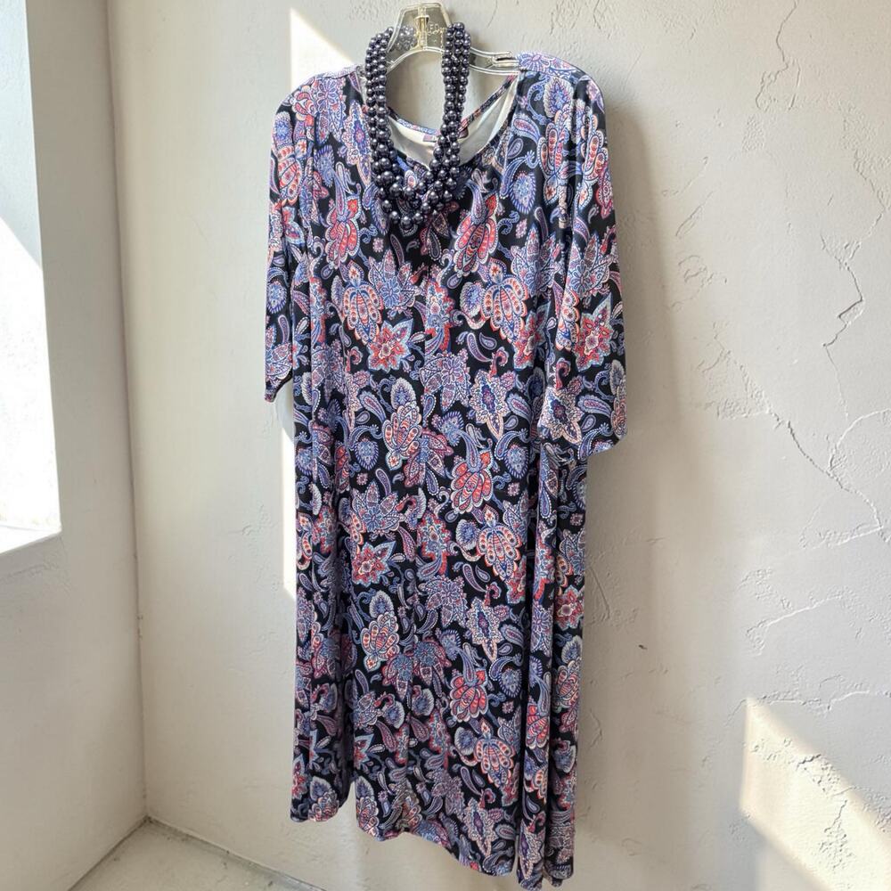 Roman’s Paisley Midi Dress Plus Size 18/20 Blue Purple Stretch Knit